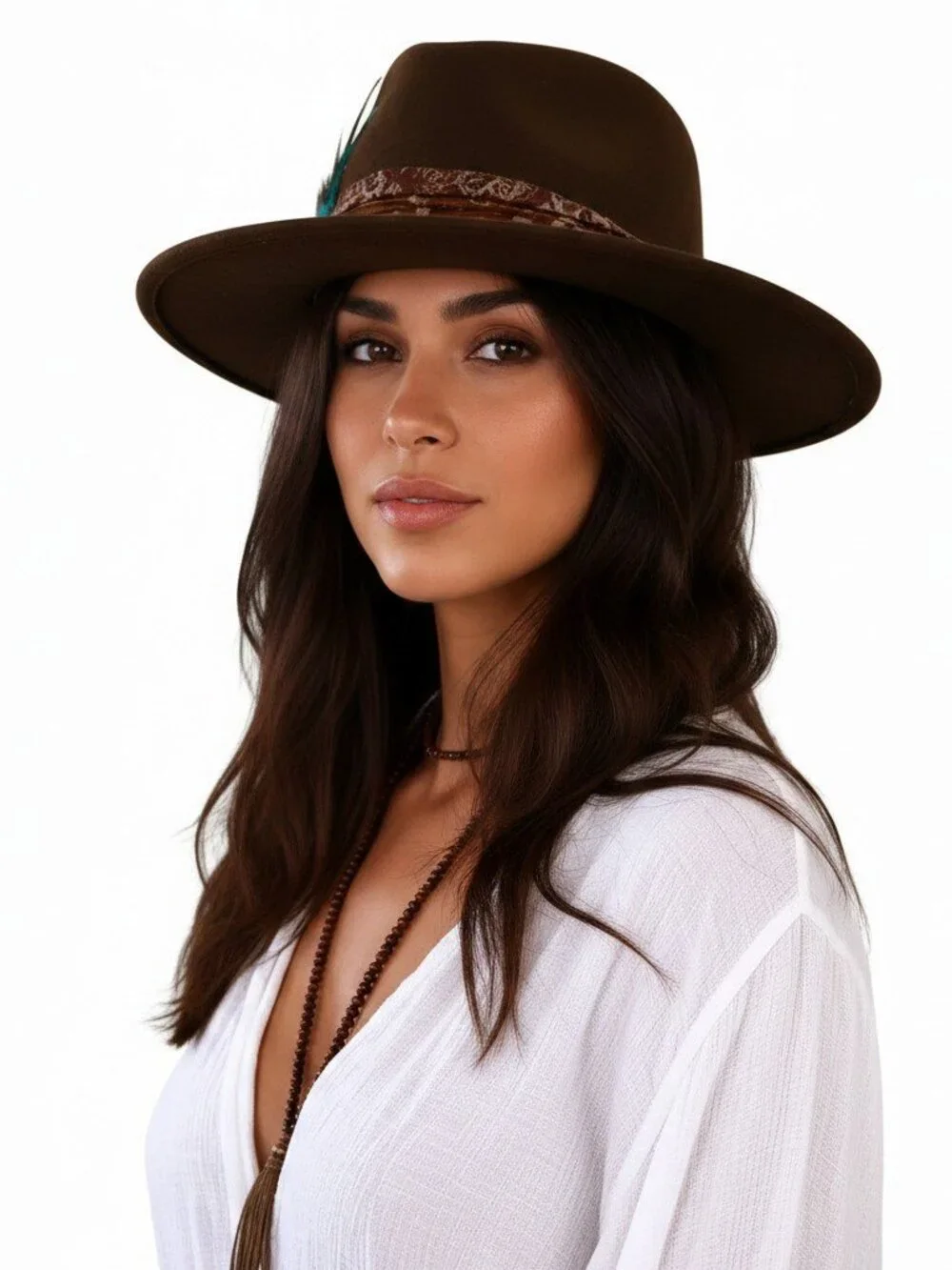 Dark Brown Wide Brim Fedora Hat with Patterned Feathered Band NWT